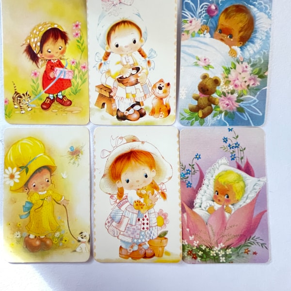6 1970's cute Swap Cards, Holly hobby, Strawberry shortcake style cards, retro trading cards