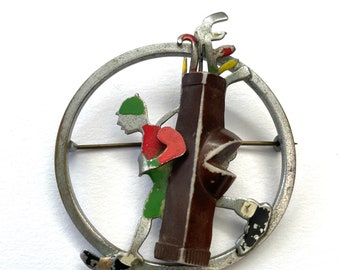 1920's Kitsch Germany Golf Brooch, Large Retro Brooch, Cute gift, sporting theme Brooch