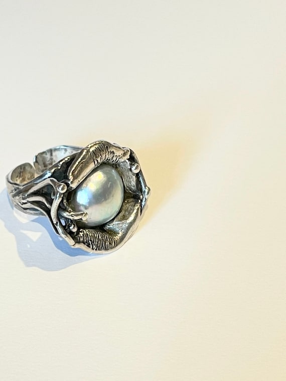 Sterling Silver and Mabe Pearl Modernist Brutalist