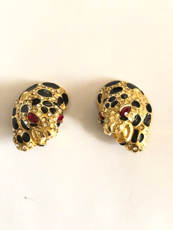 Leopard Earrings, Rhinestone and Enamel Vintage ,… - image 3