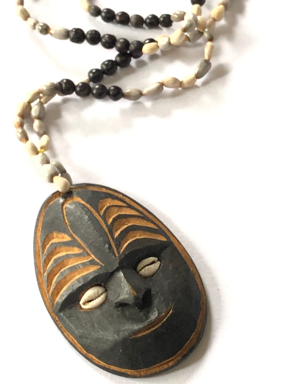 Vintage Carved Tribal Mask Necklace, Statement Tri