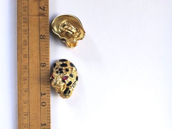 Leopard Earrings, Rhinestone and Enamel Vintage ,… - image 4