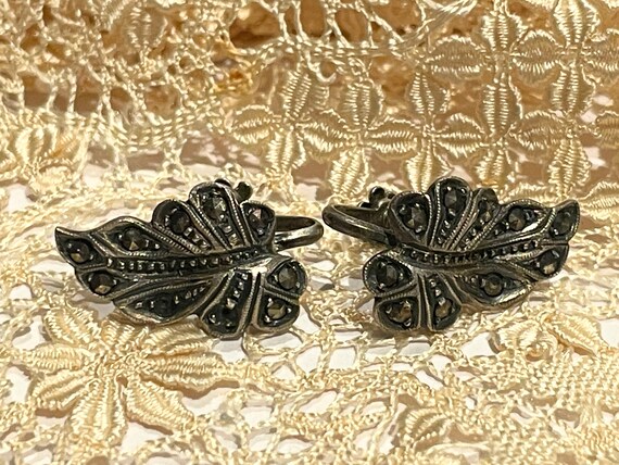 Antique Sterling Silver Marcasite Earrings . Leaf Earrings