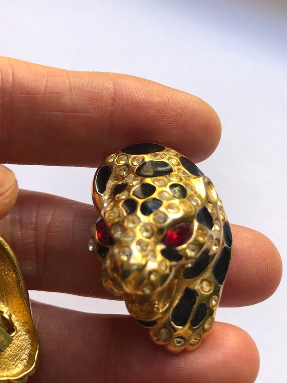 Leopard Earrings, Rhinestone and Enamel Vintage ,… - image 6