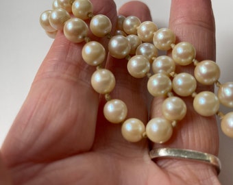 Mid Century Hand Knotted Genuine Pearl Necklace, Sterling Silver Clasp, 16 1/2 inches , Vintage Pearls, Heirloom Gift, Bridal Gift