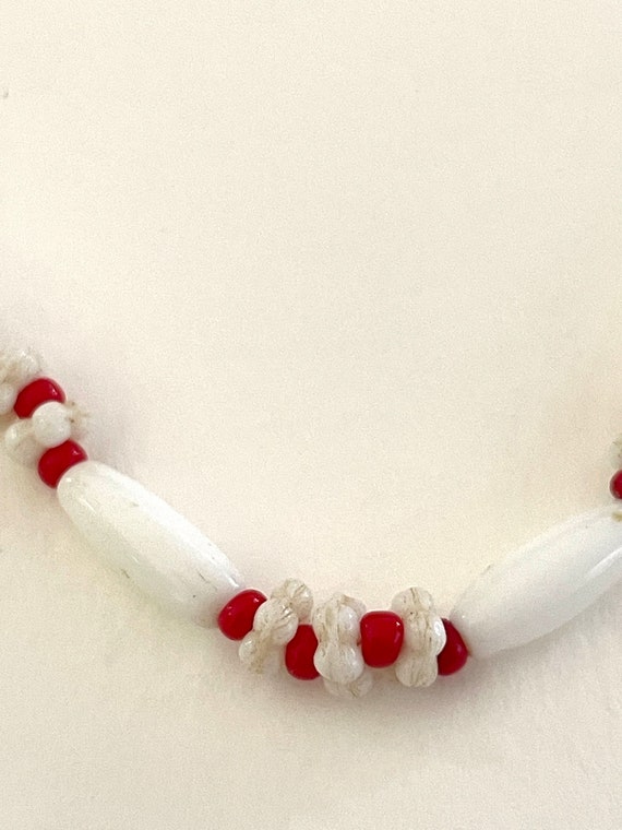 Vintage Bead necklace, Long Red and White Glass B… - image 2