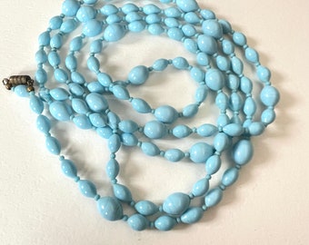 Flapper length Blue glass beads, Long Sky Blue Beaded Necklace,Vintage Handmade Glass Bead Necklace , Mid Century bead necklace