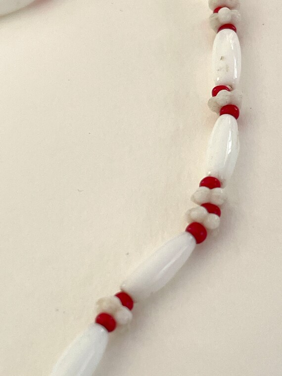 Vintage Bead necklace, Long Red and White Glass B… - image 3