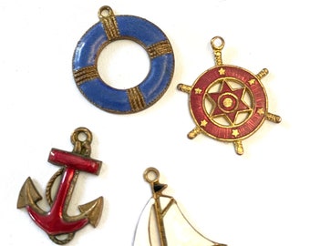 Vintage Nautical Charms, Brass & enamel sailing charms, 4 retro charms