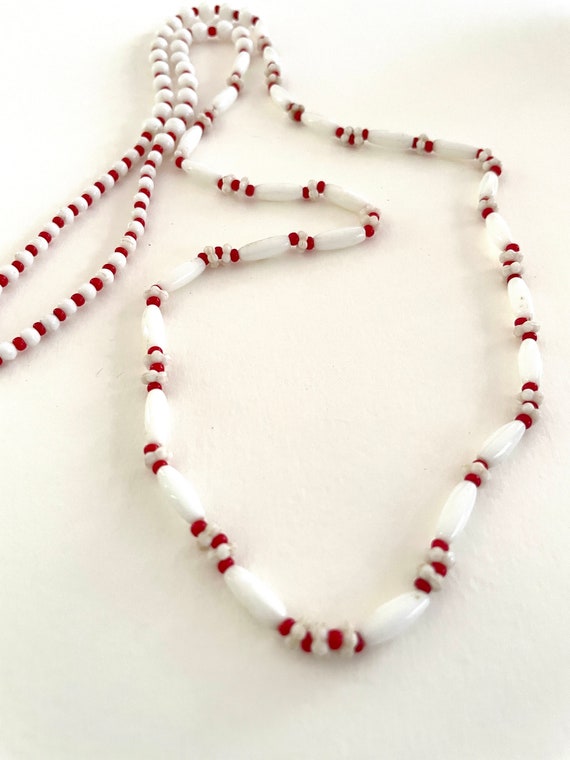 Vintage Bead necklace, Long Red and White Glass B… - image 1