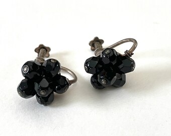 Vintage Black French Jet bead earrings, vintage screw back earrings, floral mid century earrings, formal classic non pierced earrings