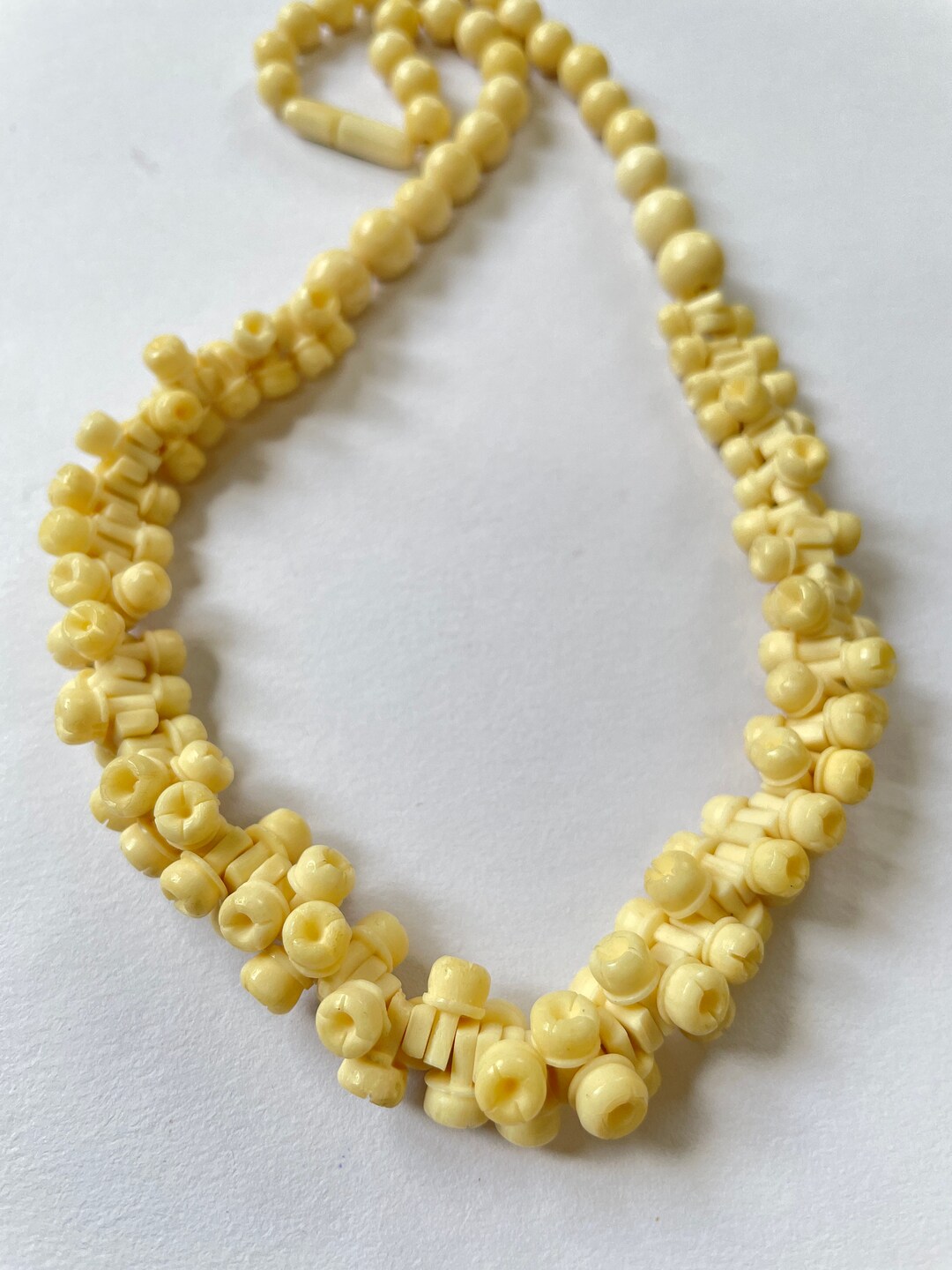 Vintage Pikake Carved Bead Necklace, Mid Century Traditional Hawaiian Necklace, Bone/ Faux Bone
