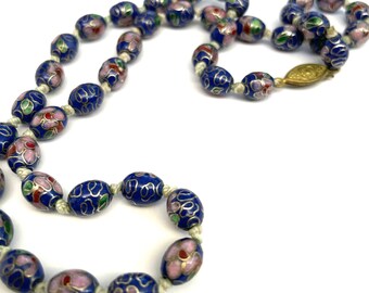 Vintage Chinese Export Cloisonné Champlevé Blue Enamel, Pink Flower Bead Necklace , Hand Knotted Vintage Necklace