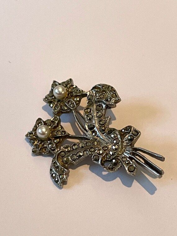 Vintage Marcasite and Faux Pearl Flower Brooch, 1… - image 2