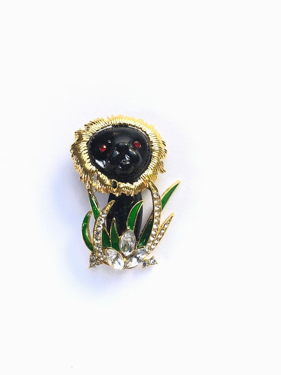 Lion Brooch, Vintage Enamel and Rhinestone Animal