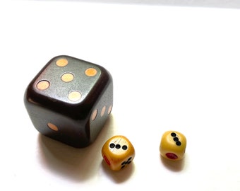 3 Vintage Dice, Huge Brown & Mustard Bakelite Dice , two small antique / vintage dice