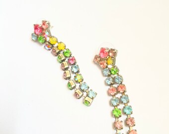 Long Dangle Rhinestone Earrings, Multi coloured Rhinestones, Rainbow coloured earrings,pastel shades, Vintage 1980's earrings