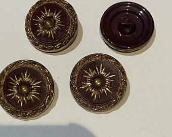 ornate vintage glass buttons , dark red and gold large Victorian buttons