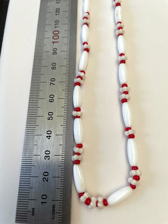 Vintage Bead necklace, Long Red and White Glass B… - image 7