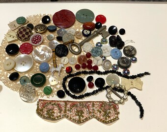 Mixed lot of vintage craft & sewing items , buttons beads buckle,key lace doily