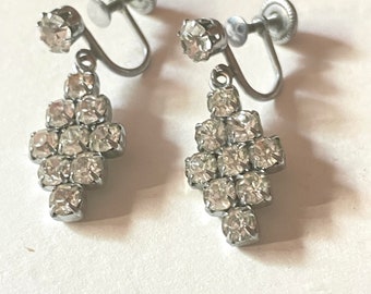 Mud Century Rhinestone Dangle earrings, formal , wedding sparkly screw back earrings, 1950s, 60’s 70’s earrings , Vintage Earrings