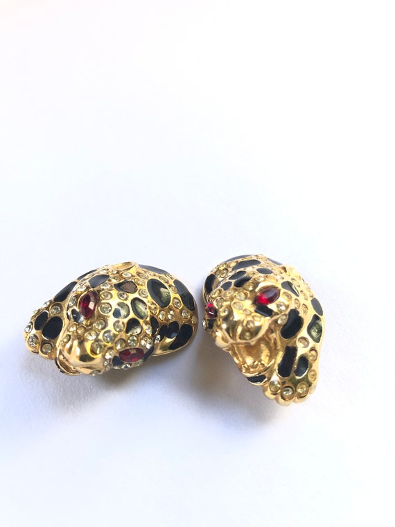 Leopard Earrings, Rhinestone and Enamel Vintage ,… - image 5