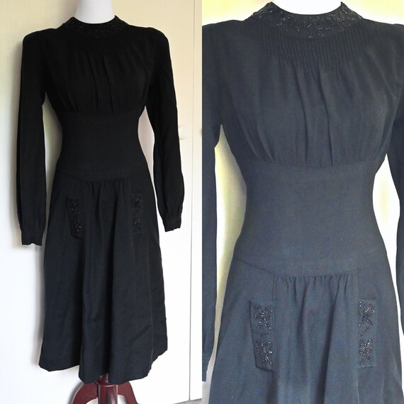 Gorgeous 1930's Black Crepe Beaded Dress, Immacula