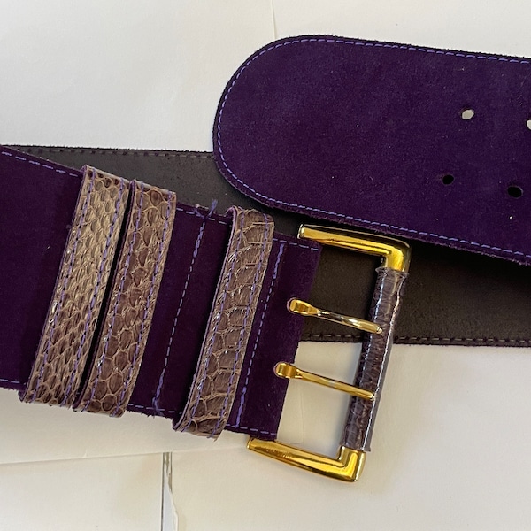 Fabulous Wide Chunky Purple Suede & Snakeskin belt,Vintage retro belt, statement belt