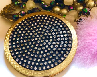 Vintage Powder Compact, Mid Century Stratton Compact, Swarovski Rhinestones Lid, Purse Powder Compact,Collectible Compacts, Pin Up Make -UP