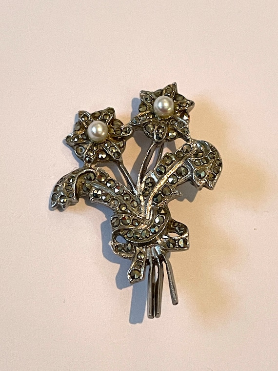 Vintage Marcasite and Faux Pearl Flower Brooch, 1… - image 1