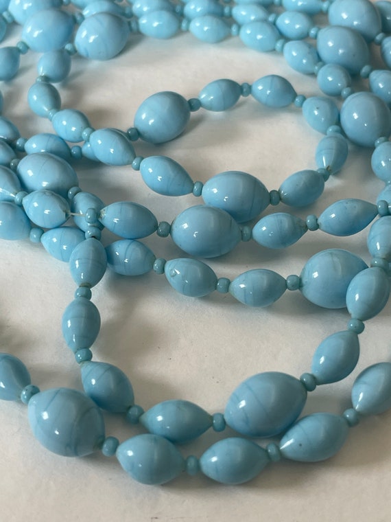 Flapper length Blue glass beads, Long Sky Blue Be… - image 4