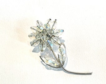 Charming Mid Century  Aurora Borealis Flower Brooch, Silver tone And clear AB Faceted Crystal Brooch, retro 50's /60's fashion, Vintage Gift