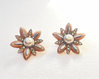 Mid Century Starburst Statement Earrings, Rose Gold,Faux Pearl and Silver Diamante Clip Earrings, Vintage earrings,