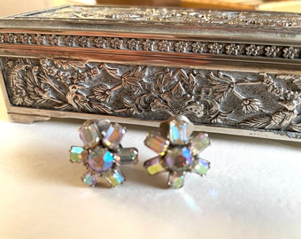 Vintage Crystal Jewellery, Aurora Borealis ,AB Crystal Silver Daisy Earrings ,Antique  Sparkling Art Deco   clip on earrings, Bridal, Formal
