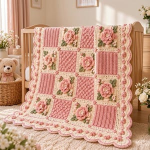 May include: A handmade crochet blanket featuring a grid of alternating squares in cream and dusty pink. The design includes textured ribbed squares, popcorn stitch squares, and squares adorned with three-dimensional pink floral appliques and green leaves.