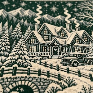 May include: A woven tapestry blanket featuring a dark green and cream winter scene. The design depicts a snow-covered house with smoking chimneys, a parked vehicle, pine trees, a stone bridge, and a fence against a backdrop of mountains.