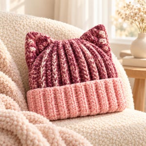 Puede incluir: Un gorro de ganchillo con dos orejas de gato puntiagudas en la parte superior. El cuerpo principal del gorro presenta una textura acanalada en hilo jaspeado magenta oscuro y crema, mientras que el ala ancha y doblada es de color rosa claro liso.