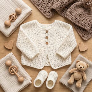 Puede incluir: Un cárdigan de ganchillo color crema de manga larga con tres botones de madera, dos patucos de ganchillo color crema, dos sonajeros de madera, dos paños de muselina doblados, un gorro de ganchillo marrón, una manta de ganchillo marrón y un osito de peluche marrón claro.