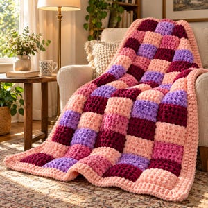 Pode incluir: Uma manta de malha grossa com um padrão xadrez de quadrados em rosa suave, magenta vibrante e violeta claro. A manta é finalizada com uma borda espessa e texturizada em fio rosa claro sólido, criando uma aparência felpuda e aconchegante.