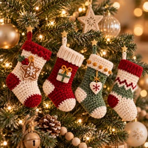 Può includere: Quattro piccole calze di Natale all'uncinetto appese a un albero. La prima è bianca e rossa con una stella di pan di zenzero, la seconda è rossa e bianca con un regalo, la terza è verde e bianca con un cuore e la quarta è a righe.