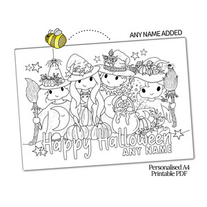 HALLOWEEN Dolcetto o scherzetto Streghe carine Zucche Calderone Luna Stella - Aggiungi qualsiasi nome - Pagina da colorare PDF stampabile A4 personalizzata