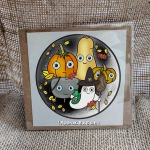 Halloween Cuties Pumpkin Trick or Treat STICKER Witch Cauldron Broomstick Sticky Label Cute Ghost 80mm Circle Samhain Autumn Fall Grimoire