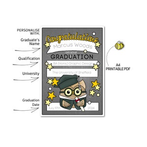 Universität Abschluss Eule Personalisierte A4 Druckbare PDF - zum selbst drucken - graduate Graduating Degree Abschluss