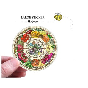 Frutta di stagione Verdura ADESIVO Nascita mensile Fiori Pagano Strega Wicca Etichetta adesiva Sabbat Cicli della luna Fasi Cerchio da 88 mm Colorato