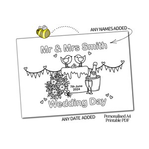 GIORNO DEL MATRIMONIO Qualsiasi nome, qualsiasi data aggiunta - Sposa Sposo Coppia Amore - Pagina foglio da colorare PDF stampabile A4 personalizzato