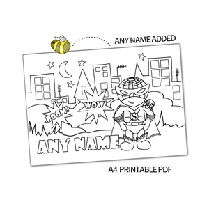 SCENA DEL SUPEREROE Qualsiasi nome aggiunto Foglio da colorare personalizzato e stampabile Attività di compleanno Festa per bambini