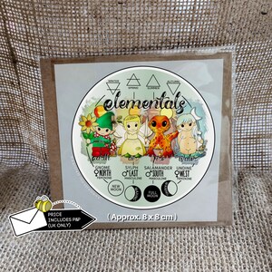 May include: A round, colorful card featuring four elemental characters: earth, air, fire, and water. The card includes the text "elementals" and is approximately 3 x 3 inches. The card is packaged in a brown cardboard backing.