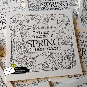 May include: A black and white illustration with the text "Colour Yourself SPRING Celebration". The image features spring-themed drawings of flowers, sheep, and mushrooms. The words "Heartfelt Illustrations" are also present.