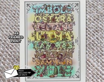 Ilustração emoldurada tamanho A4 da Roda do Ano Pagã: Arte para Altar de Bruxa Wicca