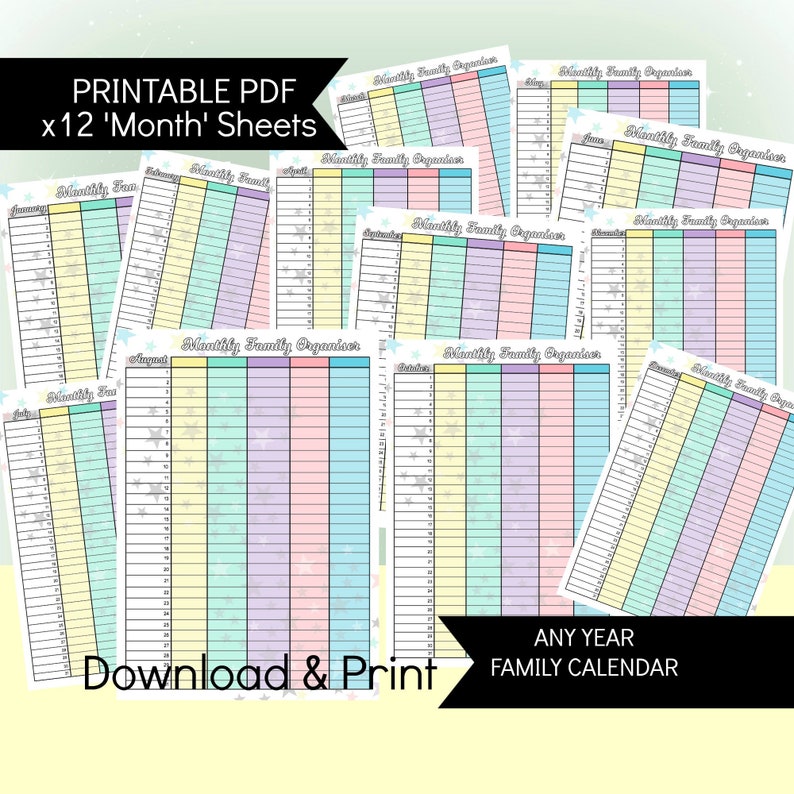Any Year Family Planner Calendar Downloadable Printable Etsy